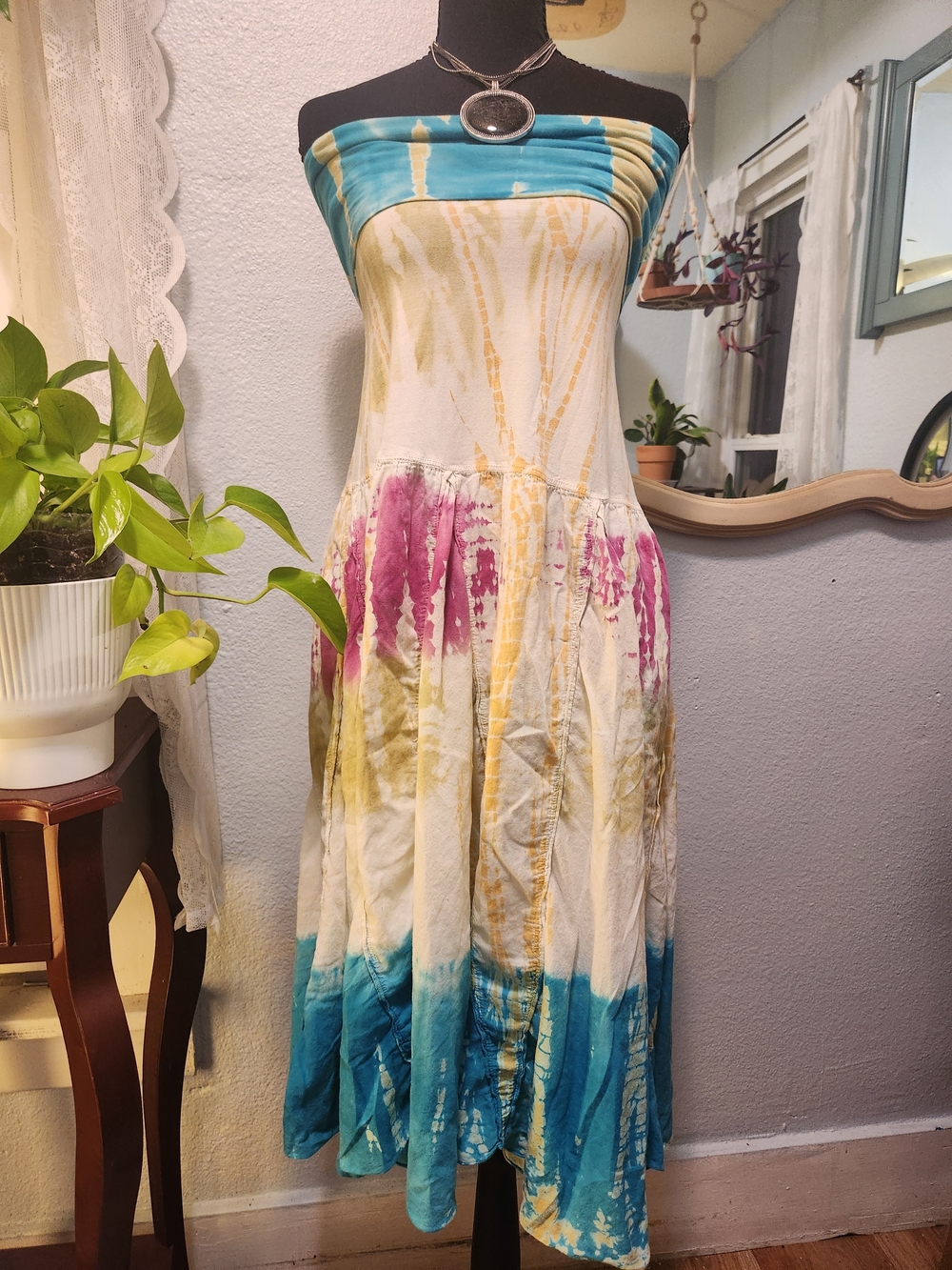 Solitaire Strapless Tie-Dye Maxi Dress in Turquoise, Pink & Yellow